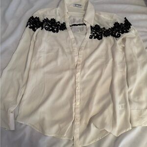 Express White Blouse with Black Lace Appliqué